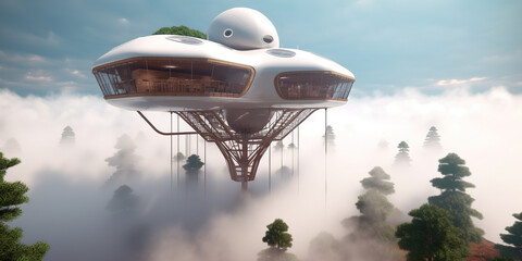 Futuristic Houses in a Misty Forest