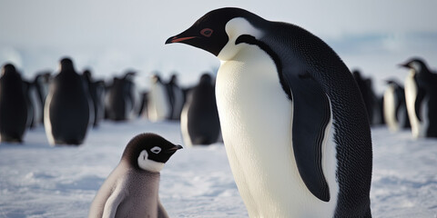 Obraz premium Baby penguin with mother on Antarctic snow