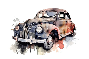 Watercolor illustration of vintage car with vibrant paint splatters on white background - obrazy, fototapety, plakaty