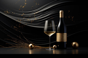  a bottle of wine and a glass of wine on a black background with gold sprinkles and a golden ornament.