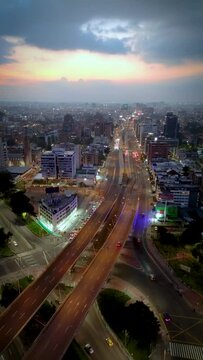 aerial view of important street in bogota colombia and sunset calle 100 carrera 15
