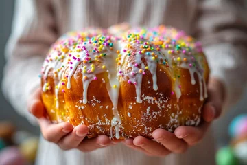  Kid holding in hands Easter cake Kulich decorated with dripping icing and colored sprinkles. Blurred background. Ideal for bakery ads, holiday Easter content, or recipe blogs. © Jafree