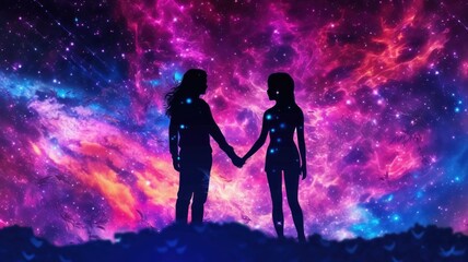 Silhouetted figures against a cosmic background, holding hands. Fantasy illustration in purple and blue colors. Concept of connection with universe. Ideal for themes of unity, exploration