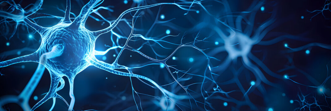 Nerve cell blue color banner, system neuron of brain with synapses. Medicine biology background. Generation