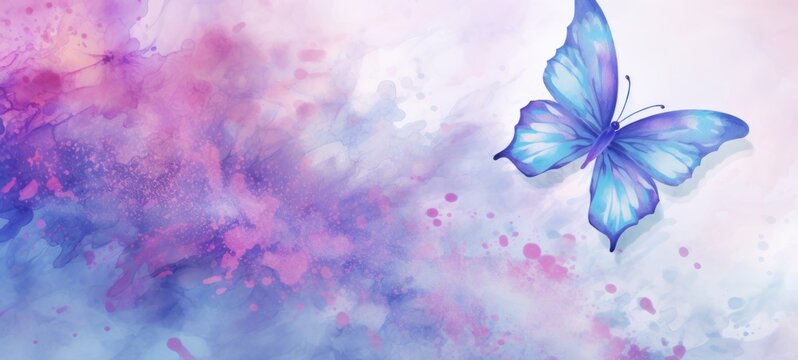 Watercolor illustration of butterfly on pastel delicate blue pink purple background with watercolor splashes and stains. . Banner with copy space. The concept of delicate beauty of nature.