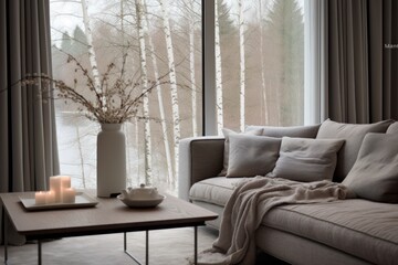  a living room with a couch, coffee table, and a large window with a view of the woods outside.