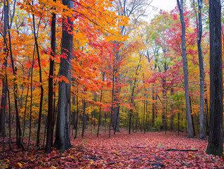 Dense autumn woods with colorful leaves. Seasonal change in a forest setting for nature and travel themes. Tranquil fall scenery.
