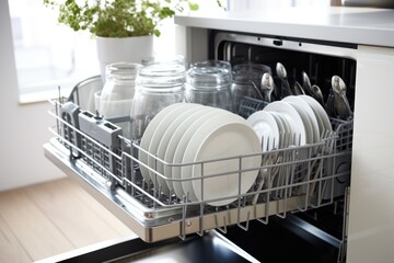 a dishwasher with dishes in it and a potted plant in the middle of the dishwasher.