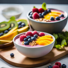 Health-conscious breakfast items, harmonized with a mix of fruits, arranged on a wooden cutting board.