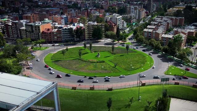 aerial view of round point city bogota train monument in the middle of the circle