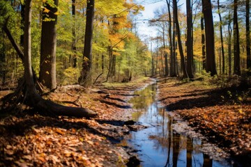  a stream running through a forest with lots of leaves on the ground and trees with yellow and orange leaves on the ground.