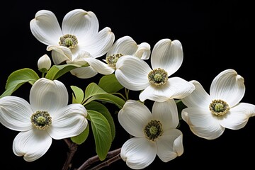  a group of white flowers sitting on top of a black table next to a green leafy branch of a tree.