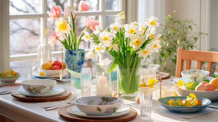 Easter dinner table setting with traditional food and spring flowers for Easter celebration. Greeting card.