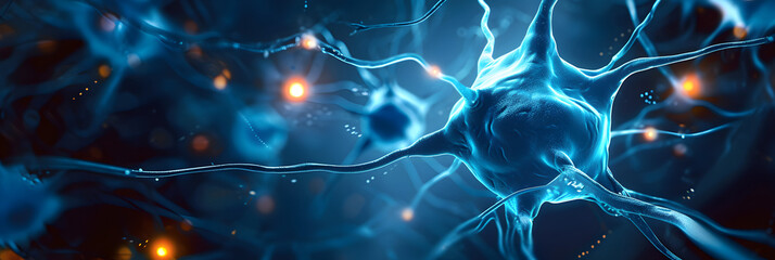 Nerve cell blue color banner, system neuron of brain with synapses. Medicine biology background. Generation