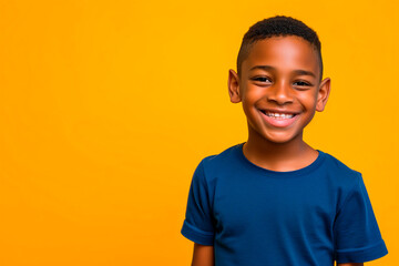 Portrait of a smiling African little boy in a blue t-shirt on yellow background. Front view, happy child in a blue shirt. - obrazy, fototapety, plakaty