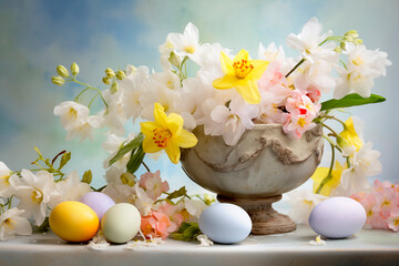 Easter pastel eggs and spring flowers in vase on light blue background. Easter background with copy space.