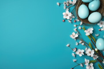  a bird's nest with eggs and flowers on a blue background with space for a text or an image.