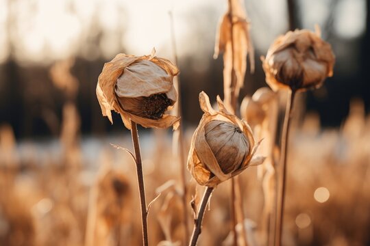 a close up of a dead flower in a field of grass with a blurry background of trees and a body of water in the distance.