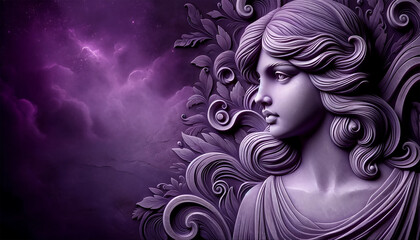 Capturing the essence of empowerment, this image features a relief figure of a woman set against a backdrop adorned with captivating purple hues.