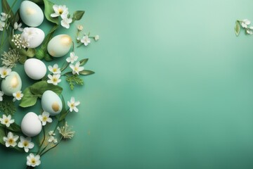 Naklejka na ściany i meble an arrangement of eggs and flowers on a green background with a place for a text or an image with a place for the text.