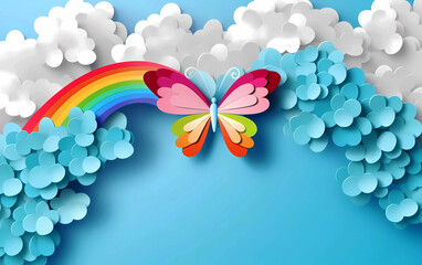 Paper cut butterfly on a rainbow on a blue sky and cloudy background. pride. horizontal. copy space.