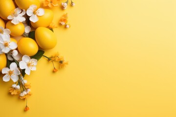  a bunch of yellow and white flowers and eggs on a yellow background with a place for a text or image.