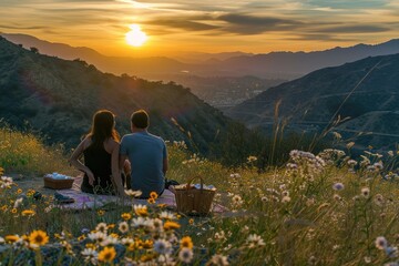 Fototapeta na wymiar romantic sunrise mountain hiking with love of travel pragma
