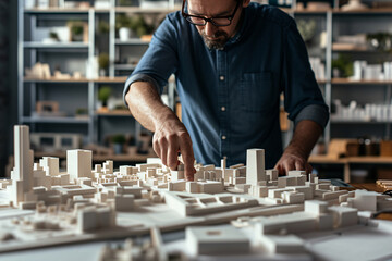 Urban planner designing miniature city model. Conceptual urban development and architecture planning in studio environment.
