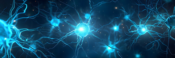 Naklejka na ściany i meble Nerve cell blue color banner, system neuron of brain with synapses. Medicine biology background. Generation