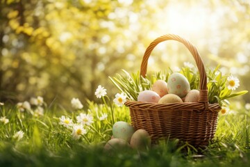 Fototapeta na wymiar a wicker basket filled with eggs sitting on top of a lush green field next to a forest filled with white daisies.