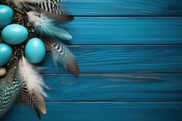  a close up of a blue and white feathers and eggs on a blue wood background with a black and white feather.