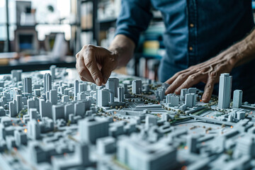 Professional urban planner working on a city model. Detailed scale model for urban development and planning in a studio setting.
