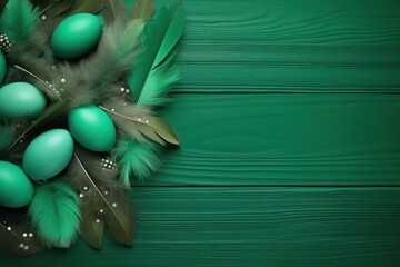  a bunch of green eggs and feathers on a green wooden background with a place for a text or an image.