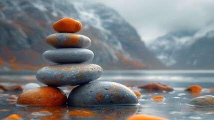stack of rocks on the beach by a mountain lake. stack of stones on the beach