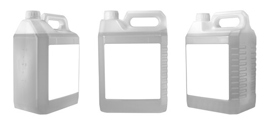 A set of plastic cans with an empty label highlighted on a white background. White plastic gallon for liquid