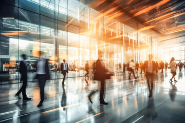 Abstract background of featuring business people walking in a lobby with a motion blur effect