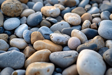 Fototapeta na wymiar Assorted sea pebbles in natural light. Zen and spa concept. Design for greeting card, invitation. Macro view with copy space 