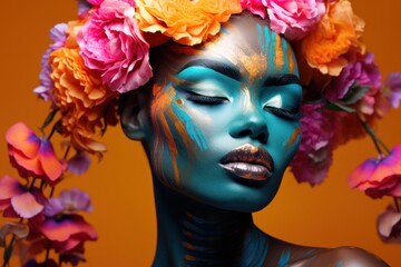  a woman with flowers on her head and body painted in blue, orange, pink, yellow and orange colors.