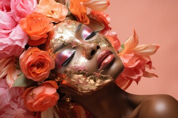  a close up of a woman with a mask on and flowers in front of her face and in front of a pink background.