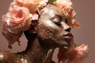  a close up of a woman with flowers in her hair and a gold mask on her face with flowers in her hair.