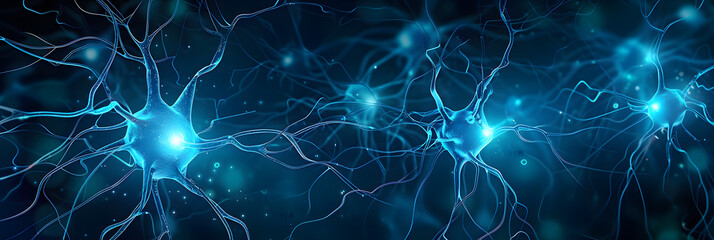 Nerve cell blue color banner, system neuron of brain with synapses. Medicine biology background. Generation