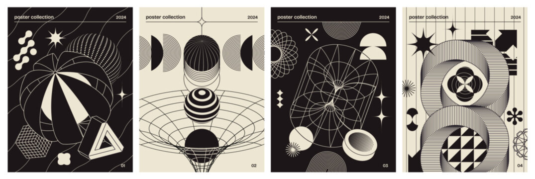 Set of futuristic posters in brutalism style. Minimalistic covers with graphic wireframes, geometric shapes and inscriptions. Flyer design. Cartoon flat vector collection isolated on white background