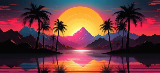 Fototapeta na wymiar Tropical sunset landscape with mountains and palm trees. Vibrant travel destination. Banner.