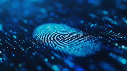 Fingerprint on a blue microchip. Cybersecurity concept, user privacy security and encryption. Future technology, data protection, secure internet access. - obrazy, fototapety, plakaty