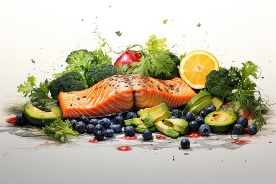  a painting of salmon, broccoli, blueberries, cucumbers, avocados, lemons, and broccoli.