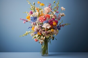  a vase filled with lots of colorful flowers on top of a blue surface with a blue wall in the background.