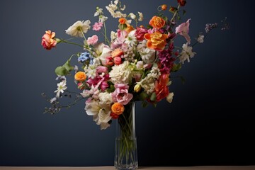  a vase filled with lots of colorful flowers on top of a wooden table in front of a dark blue wall.