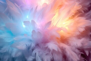  a close up of a bunch of feathers on a white and blue background with a pink, blue, and yellow color scheme.