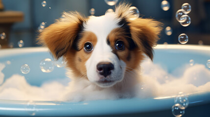 puppy in the bath with soap bubbles