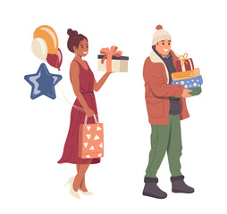 Man and woman cartoon people characters holding wrapped gift boxes for birthday and Christmas